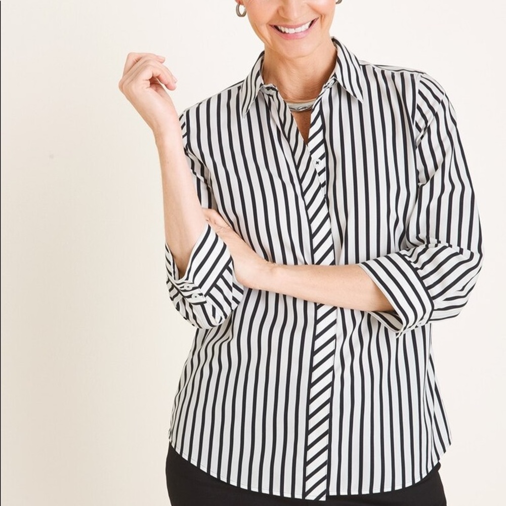 CHICOS COTTON STRIPED STEP-HEM STAIN SHIELD SHIRT
